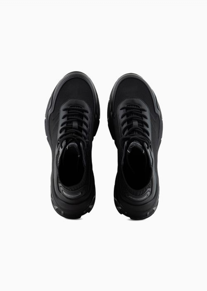 Black Emporio Armani Nylon High-top Sneakers With Knit Detail | EA-SN58930