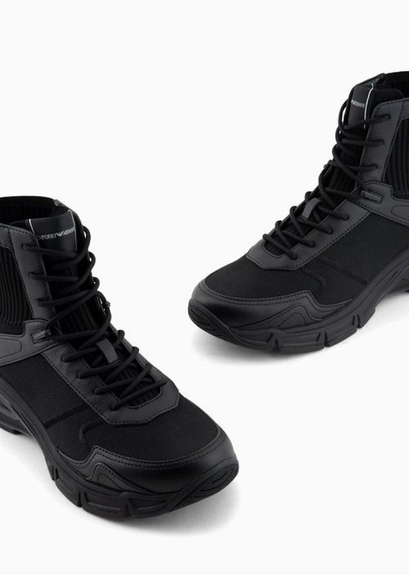 Black Emporio Armani Nylon High-top Sneakers With Knit Detail | EA-SN58930