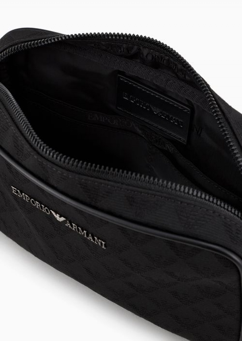 Black Emporio Armani Nylon Washbag With All-over Jacquard Eagle | EA-SN59275