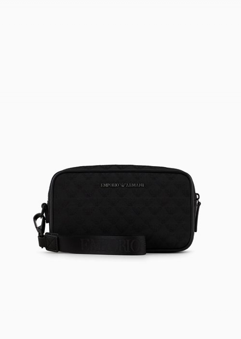 Black Emporio Armani Nylon Washbag With All-over Jacquard Eagle | EA-SN59275