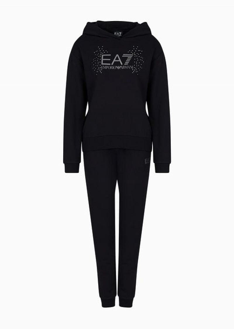 Black Emporio Armani Organic-cotton Blend Tracksuit With Rhinestone Logo | EA7-SN59607