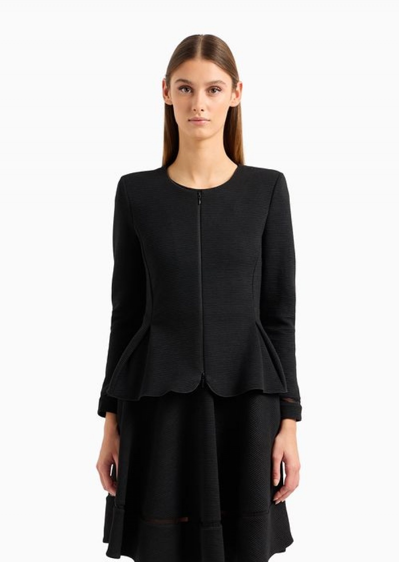 Black Emporio Armani Ottoman Jersey, Single-breasted Jacket With Godet Pleats | EA-SN56479