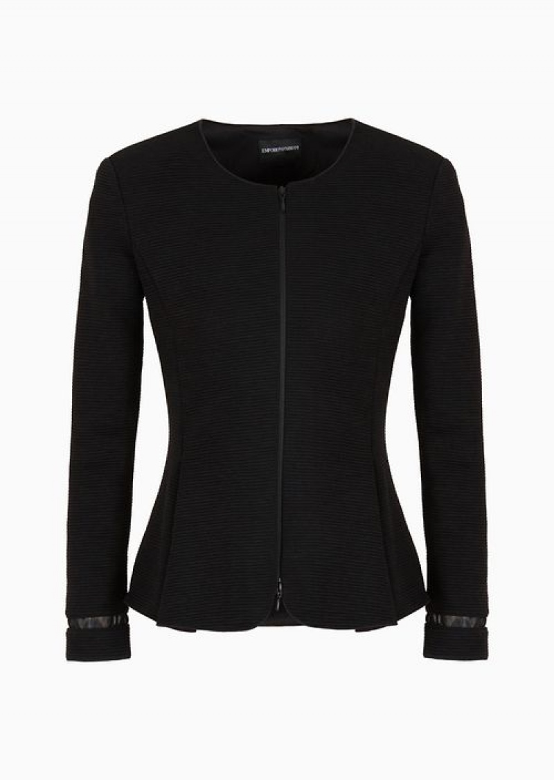 Black Emporio Armani Ottoman Jersey, Single-breasted Jacket With Godet Pleats | EA-SN56479