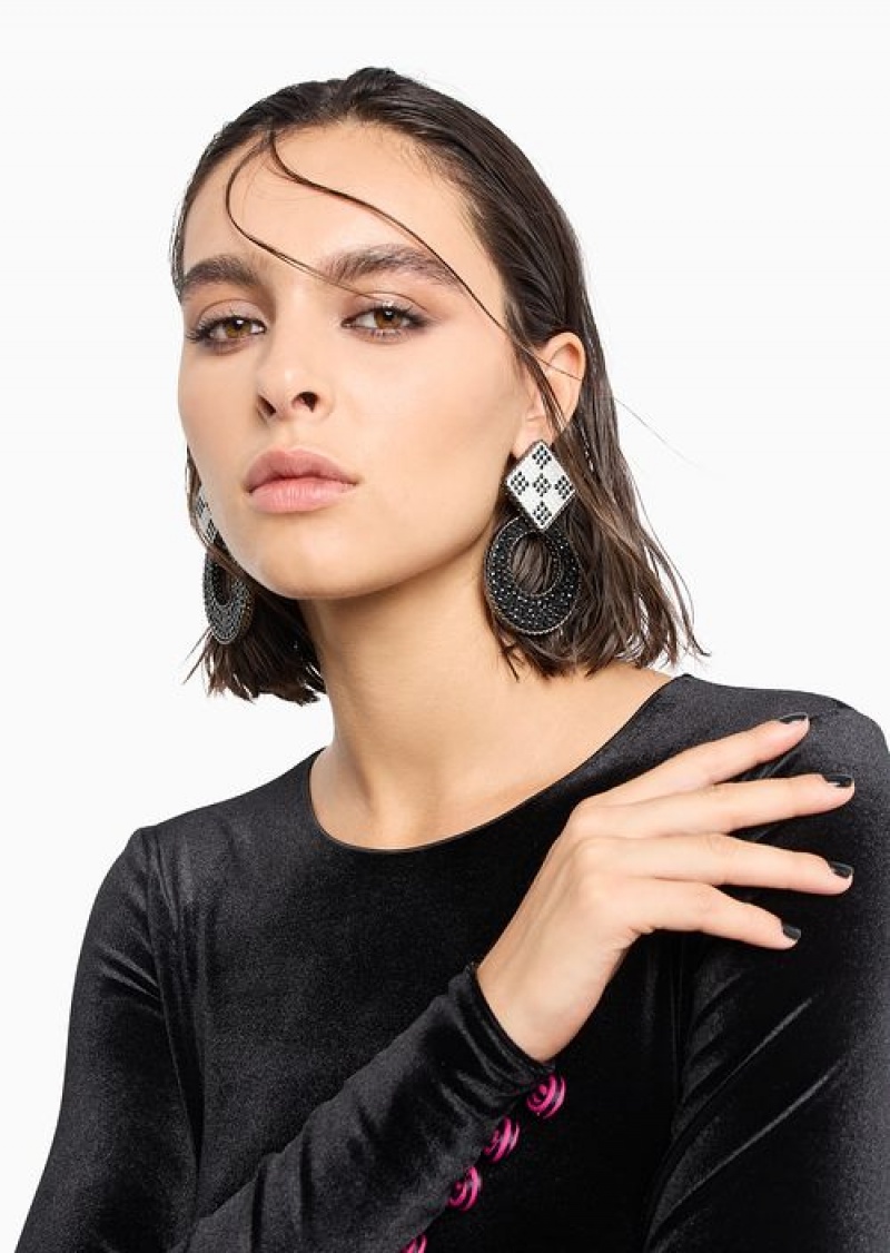 Black Emporio Armani Oversized Earrings With Hoops Covered In Swarovski Crystals | EA-SN57514