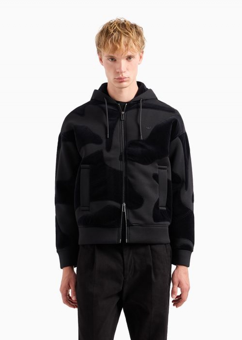 Black Emporio Armani Oversized Sweatshirt With Zip And Hood In Modal With Matching Chenille Camouflage | EA-SN58489