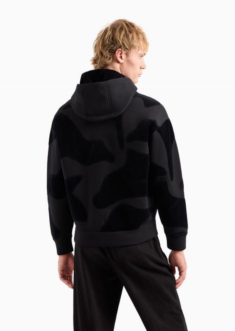 Black Emporio Armani Oversized Sweatshirt With Zip And Hood In Modal With Matching Chenille Camouflage | EA-SN58489