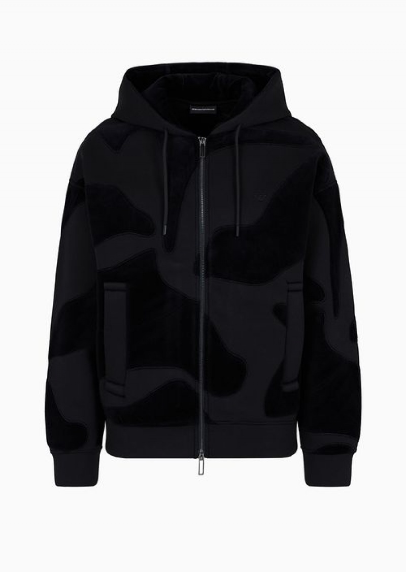 Black Emporio Armani Oversized Sweatshirt With Zip And Hood In Modal With Matching Chenille Camouflage | EA-SN58489