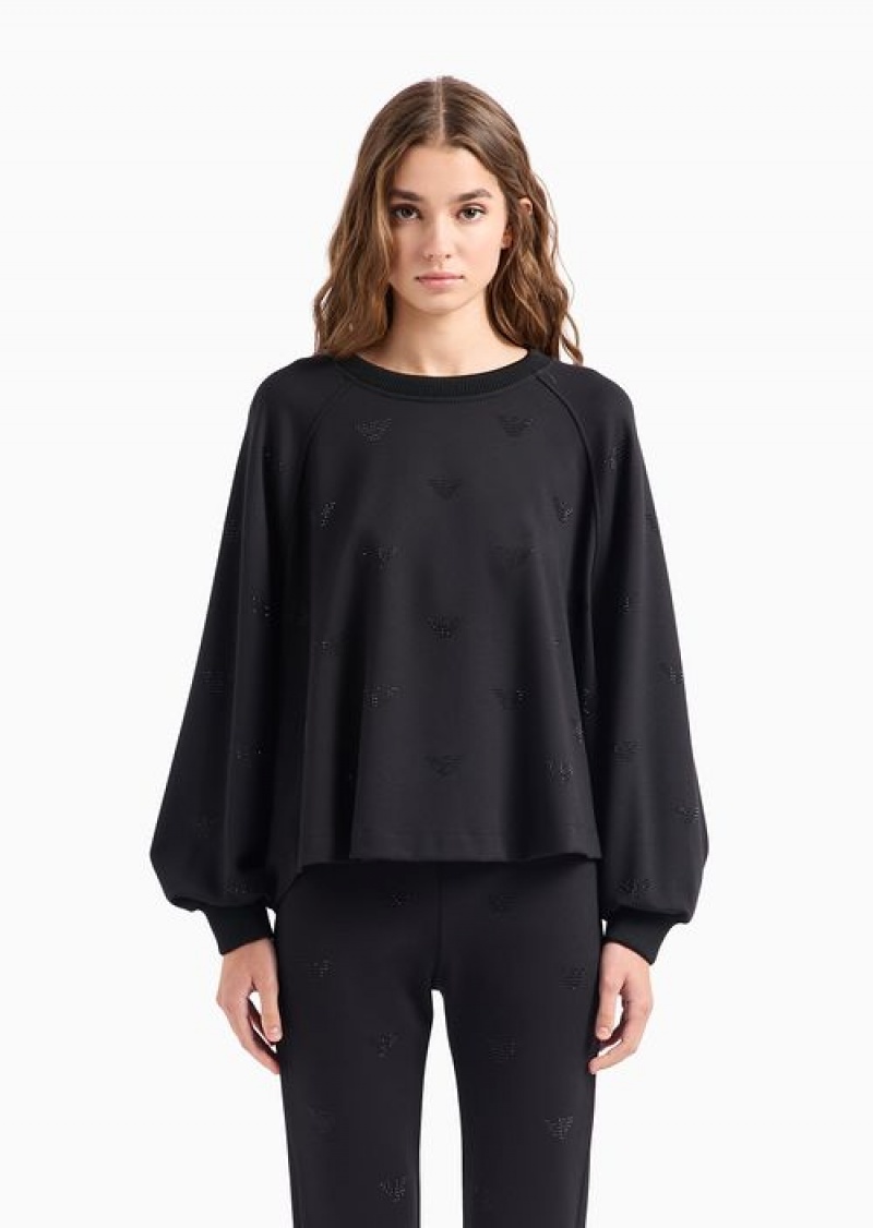 Black Emporio Armani Oversized Sweatshirt In Interlock Jersey With All-over Rhinestoned Eagles | EA-SN57006