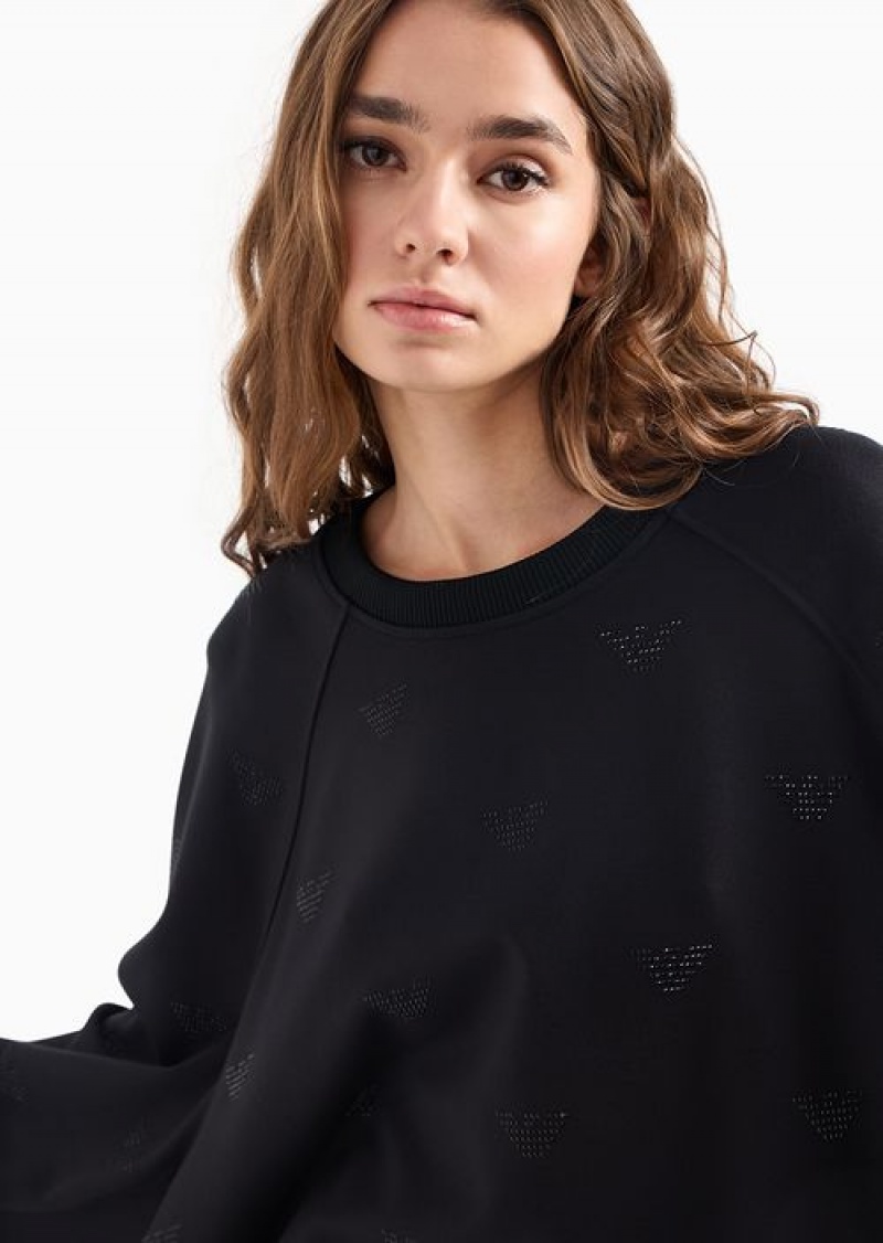 Black Emporio Armani Oversized Sweatshirt In Interlock Jersey With All-over Rhinestoned Eagles | EA-SN57006