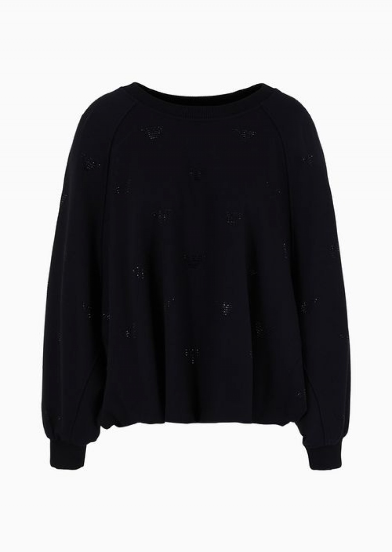 Black Emporio Armani Oversized Sweatshirt In Interlock Jersey With All-over Rhinestoned Eagles | EA-SN57006