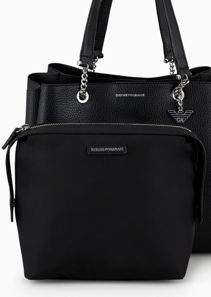 Black Emporio Armani Palmellato Leather-effect Shopper Bag With Eagle Charm | EA-SN57420