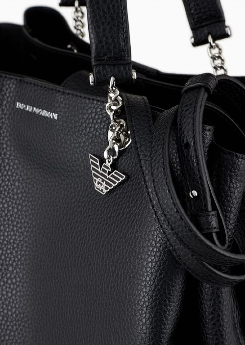 Black Emporio Armani Palmellato Leather-effect Shopper Bag With Eagle Charm | EA-SN57420