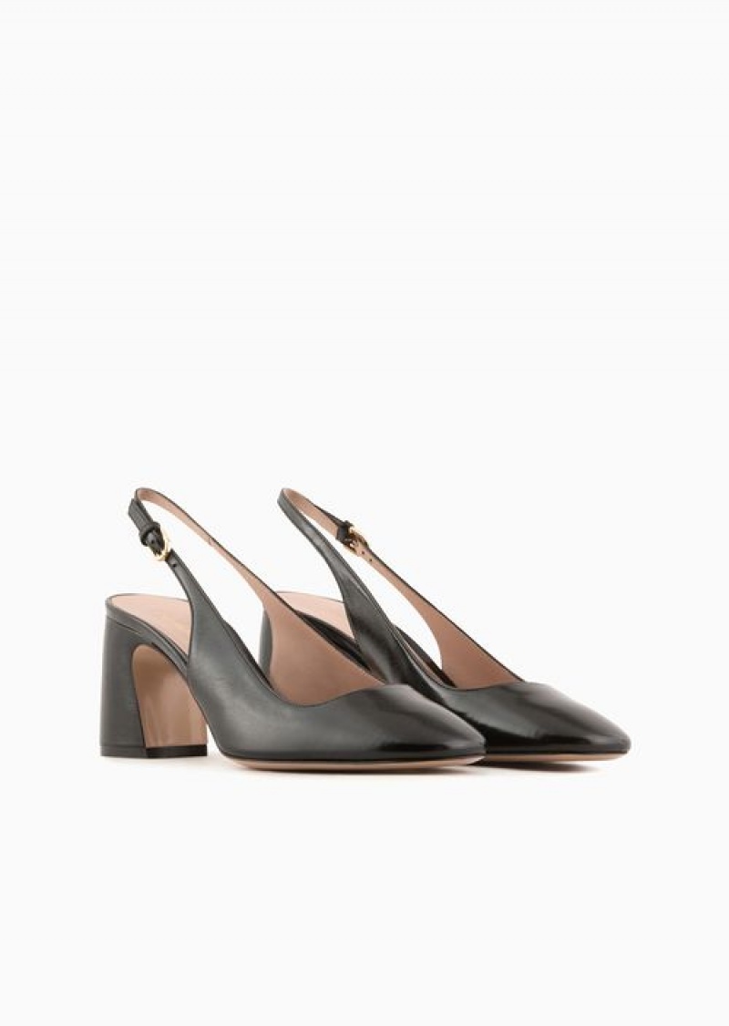 Black Emporio Armani Patent Leather Slingback Court Shoes | EA-SN57149