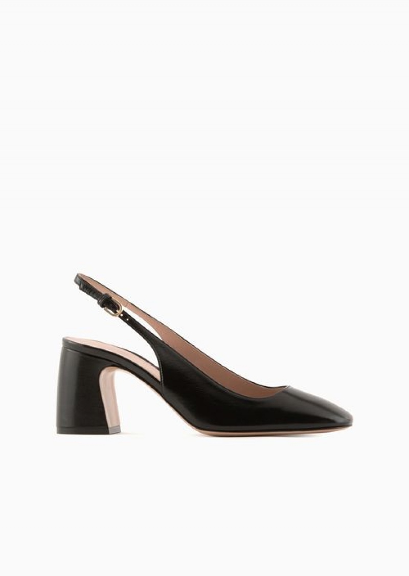 Black Emporio Armani Patent Leather Slingback Court Shoes | EA-SN57149