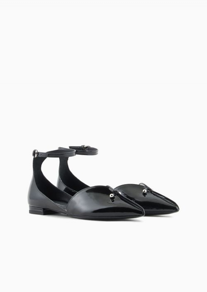 Black Emporio Armani Patent-leather Pointed-toe Ballerinas With A Strap And Piercing | EA-SN57117