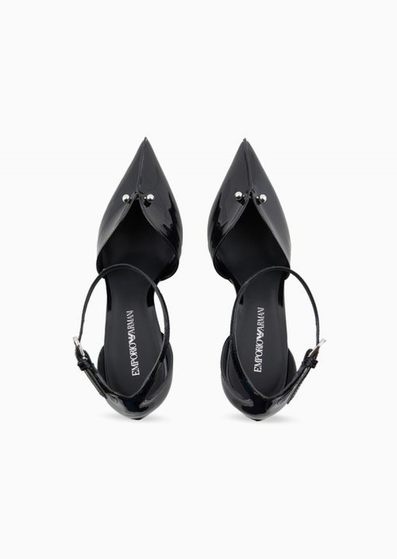 Black Emporio Armani Patent-leather Pointed Court Shoes With Strap And Piercing | EA-SN57141