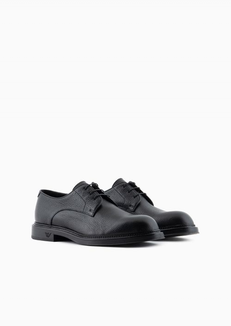 Black Emporio Armani Pebbled Leather Derby Shoes | EA-SN58854