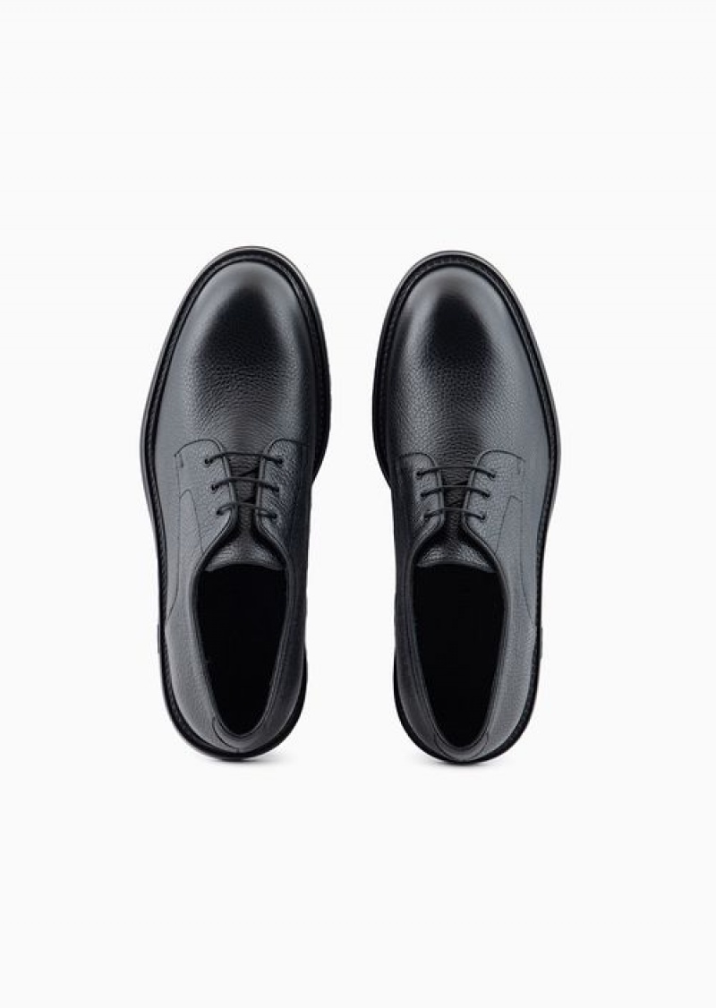 Black Emporio Armani Pebbled Leather Derby Shoes | EA-SN58854