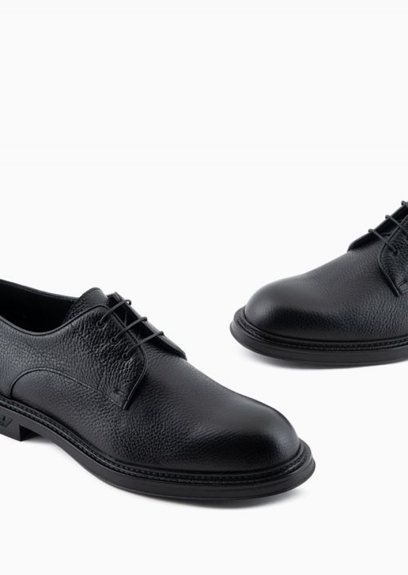 Black Emporio Armani Pebbled Leather Derby Shoes | EA-SN58854