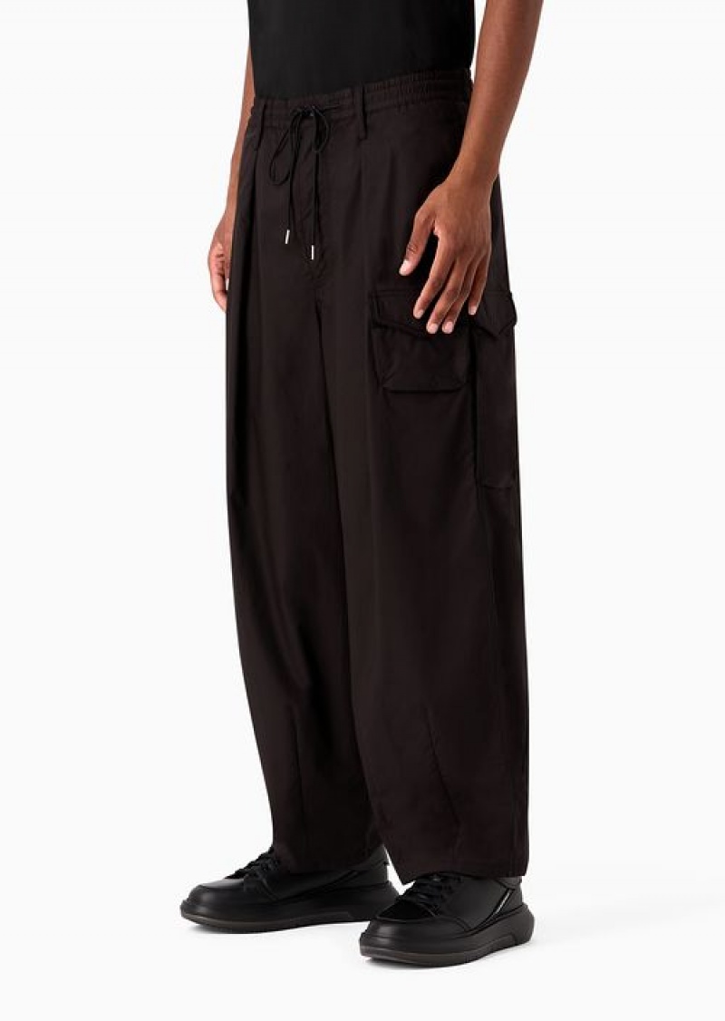 Black Emporio Armani Pima Poplin Drawstring Cargo Trousers | EA-SN58269