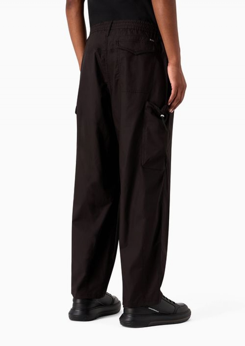 Black Emporio Armani Pima Poplin Drawstring Cargo Trousers | EA-SN58269