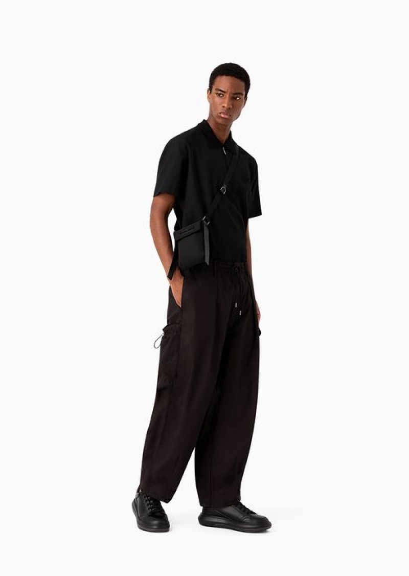 Black Emporio Armani Pima Poplin Drawstring Cargo Trousers | EA-SN58269