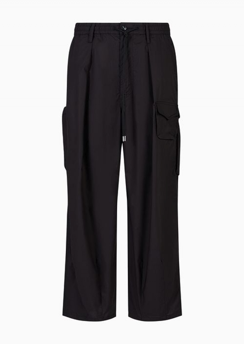 Black Emporio Armani Pima Poplin Drawstring Cargo Trousers | EA-SN58269