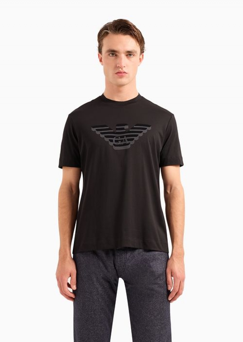 Black Emporio Armani Pima-jersey T-shirt With Flocked Logo Print | EA-SN58590