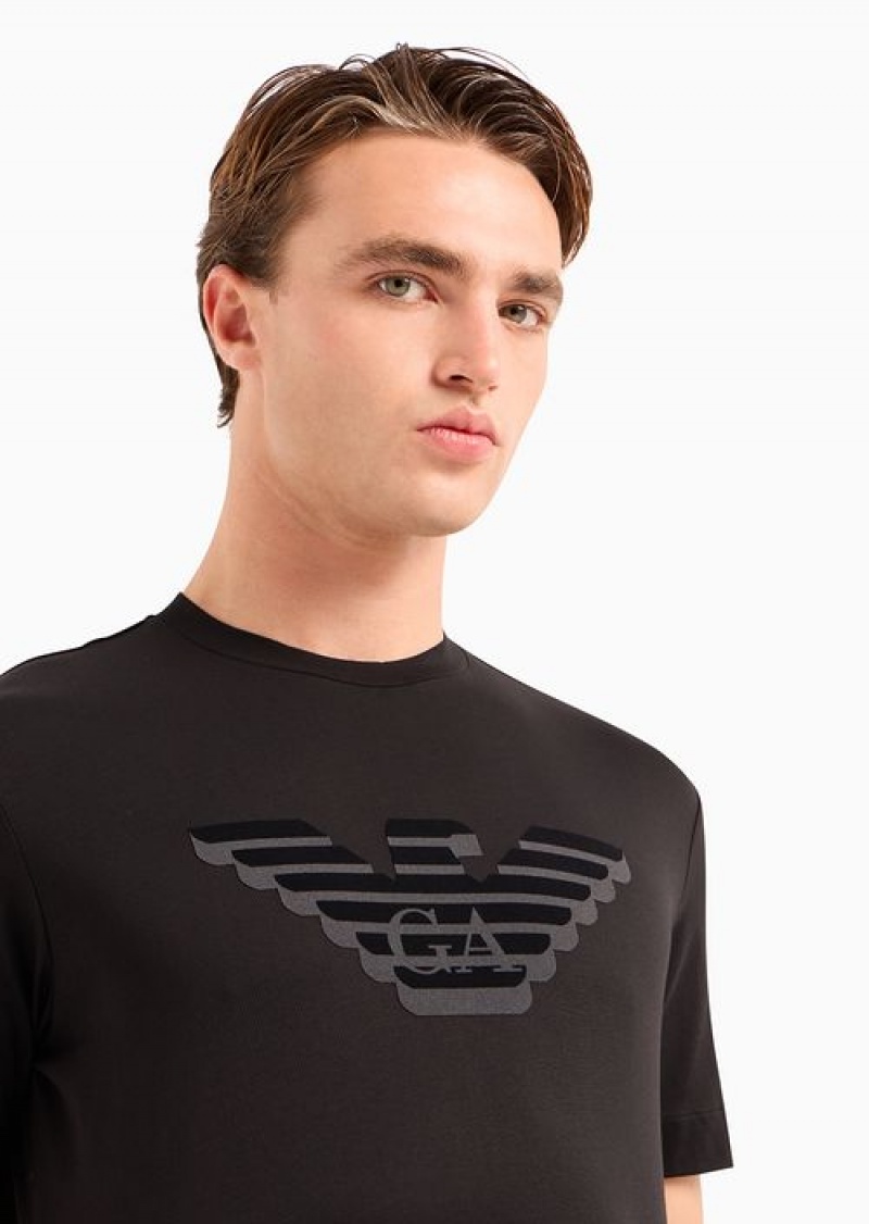 Black Emporio Armani Pima-jersey T-shirt With Flocked Logo Print | EA-SN58590