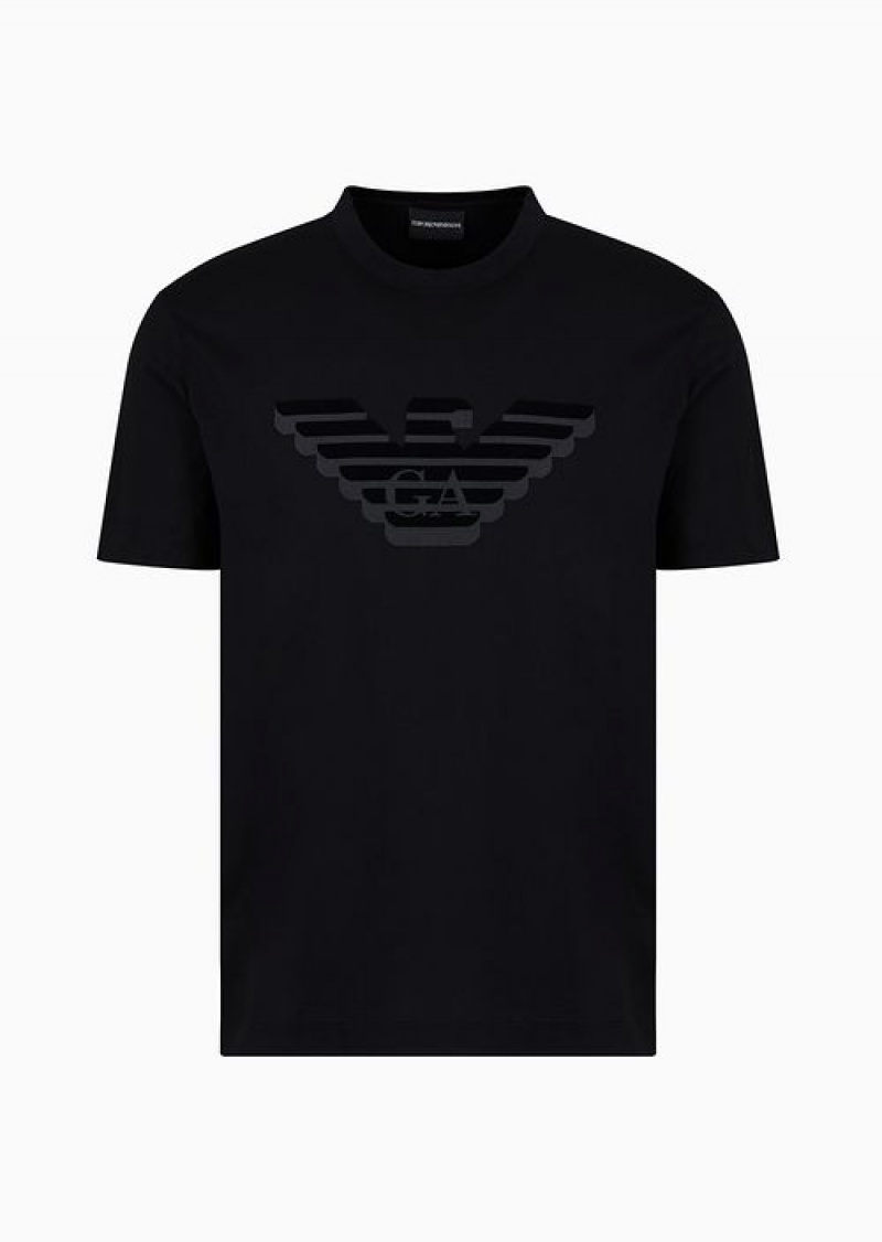 Black Emporio Armani Pima-jersey T-shirt With Flocked Logo Print | EA-SN58590