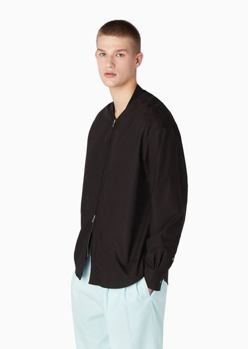 Black Emporio Armani Pima-poplin V-neck Shirt With Zip | EA-SN57888