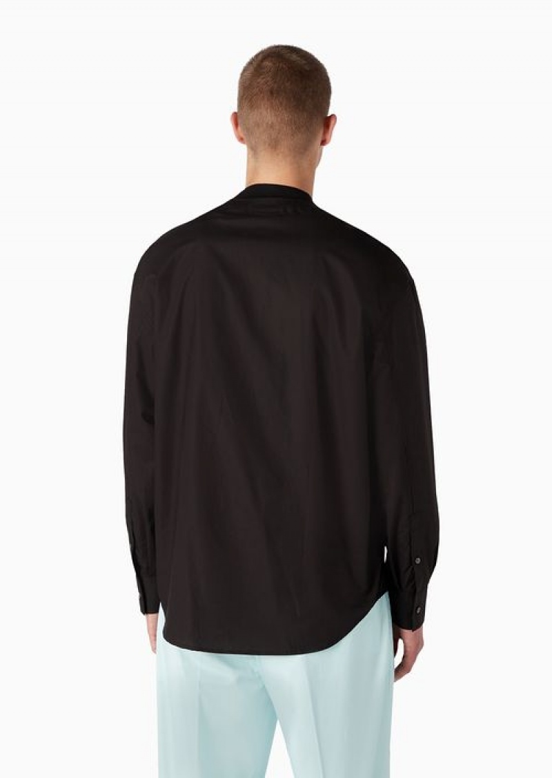 Black Emporio Armani Pima-poplin V-neck Shirt With Zip | EA-SN57888