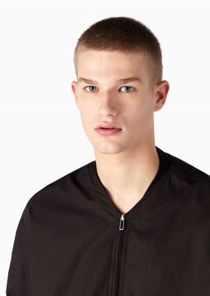 Black Emporio Armani Pima-poplin V-neck Shirt With Zip | EA-SN57888