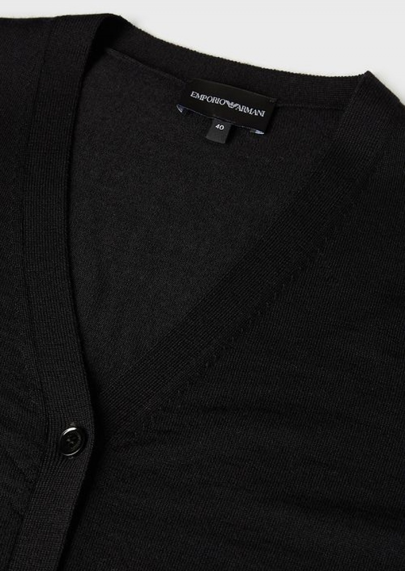 Black Emporio Armani Plain Knit Pure Virgin Wool Cardigan | EA-SN56708