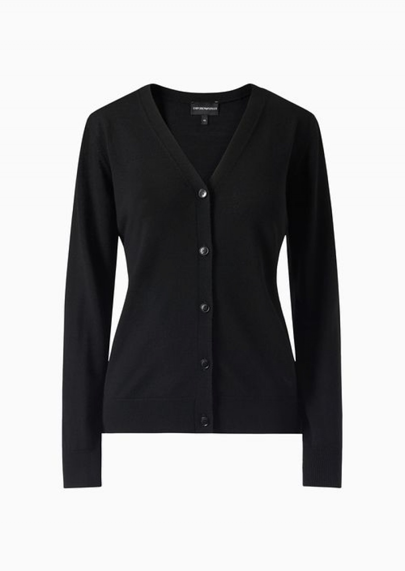 Black Emporio Armani Plain Knit Pure Virgin Wool Cardigan | EA-SN56708