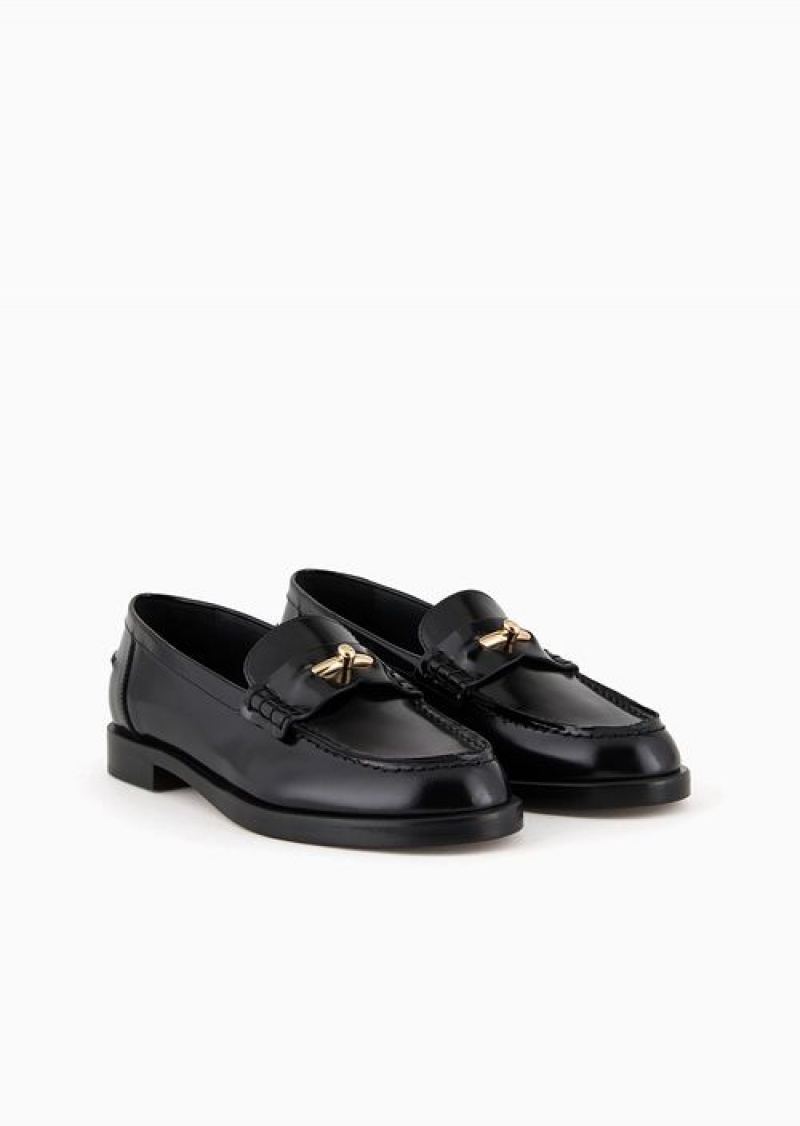 Black Emporio Armani Polished Leather Loafers With Stirrup Bar | EA-SN57128