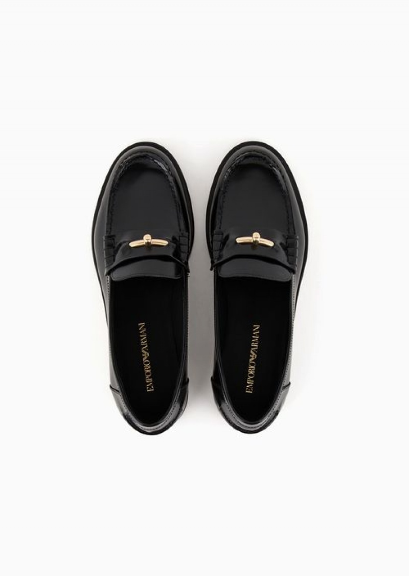 Black Emporio Armani Polished Leather Loafers With Stirrup Bar | EA-SN57128