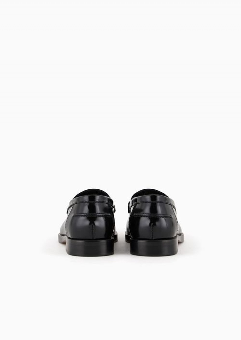 Black Emporio Armani Polished Leather Loafers With Stirrup Bar | EA-SN57128