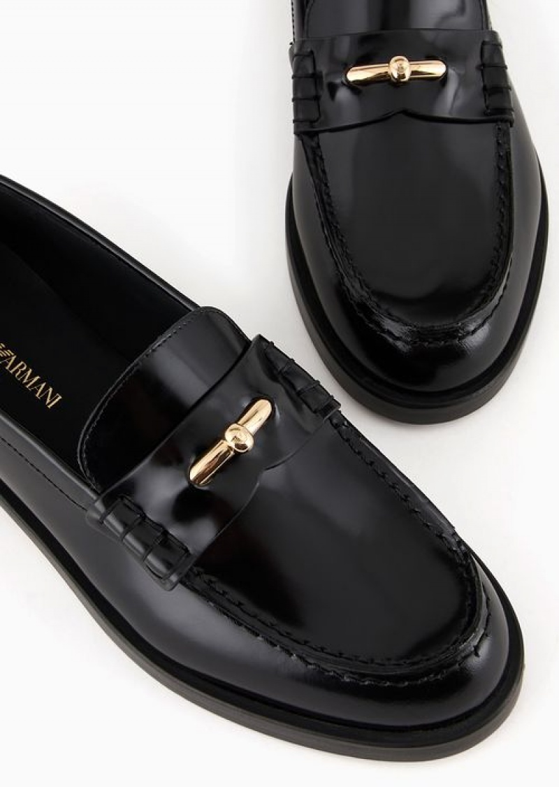 Black Emporio Armani Polished Leather Loafers With Stirrup Bar | EA-SN57128