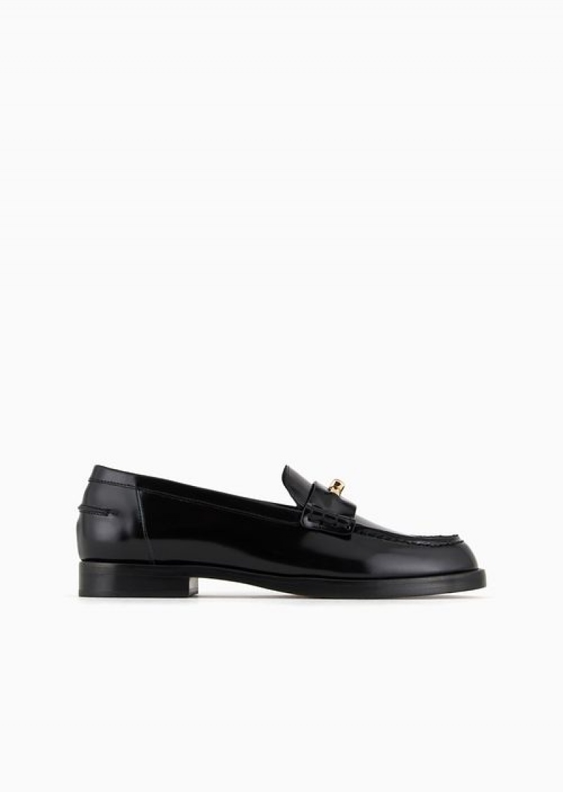 Black Emporio Armani Polished Leather Loafers With Stirrup Bar | EA-SN57128