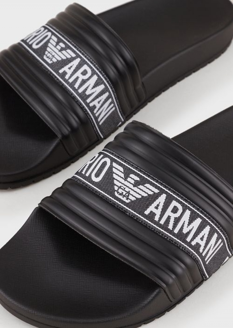 Black Emporio Armani Pvc Sliders With Jacquard Logo Ribbon | EA-SN58886