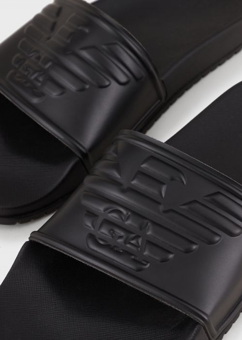 Black Emporio Armani Pvc Sliders With Oversized, Embossed Eagle | EA-SN58884