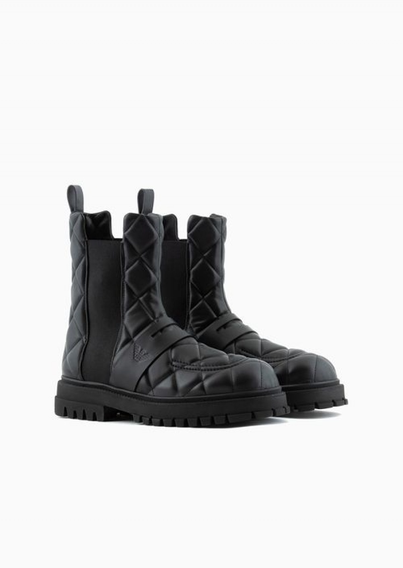 Black Emporio Armani Quilted Nappa-leather Effect Ankle Boots With Elastic Insert | EA-SN58844