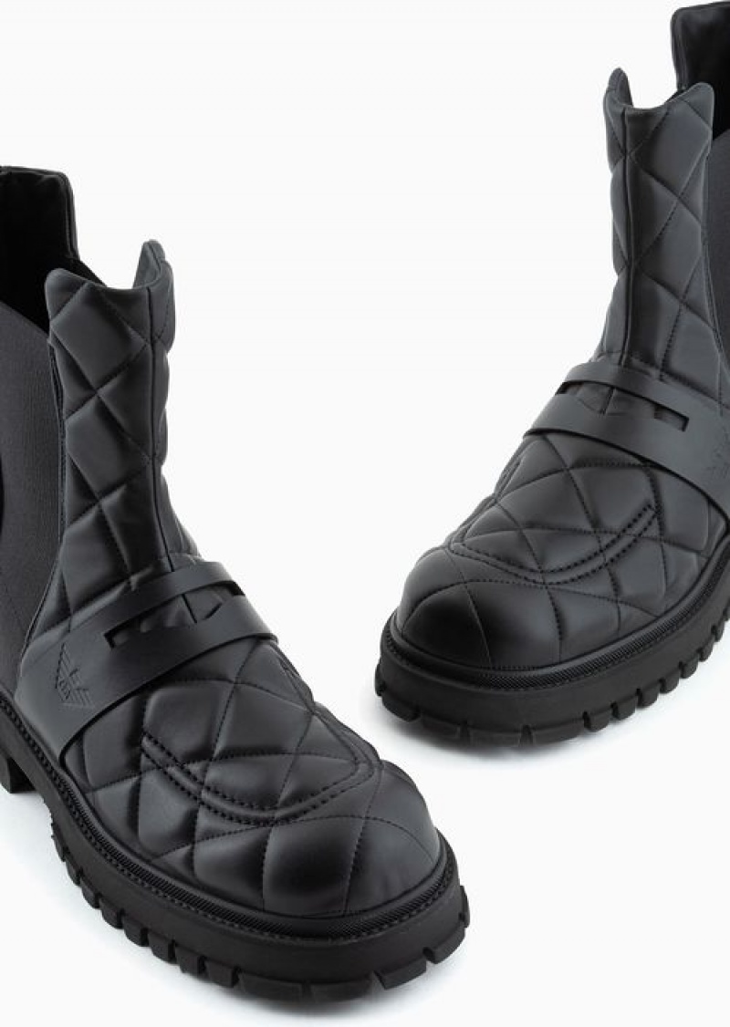 Black Emporio Armani Quilted Nappa-leather Effect Ankle Boots With Elastic Insert | EA-SN58844