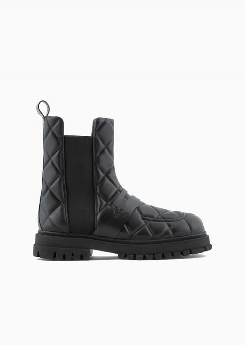 Black Emporio Armani Quilted Nappa-leather Effect Ankle Boots With Elastic Insert | EA-SN58844