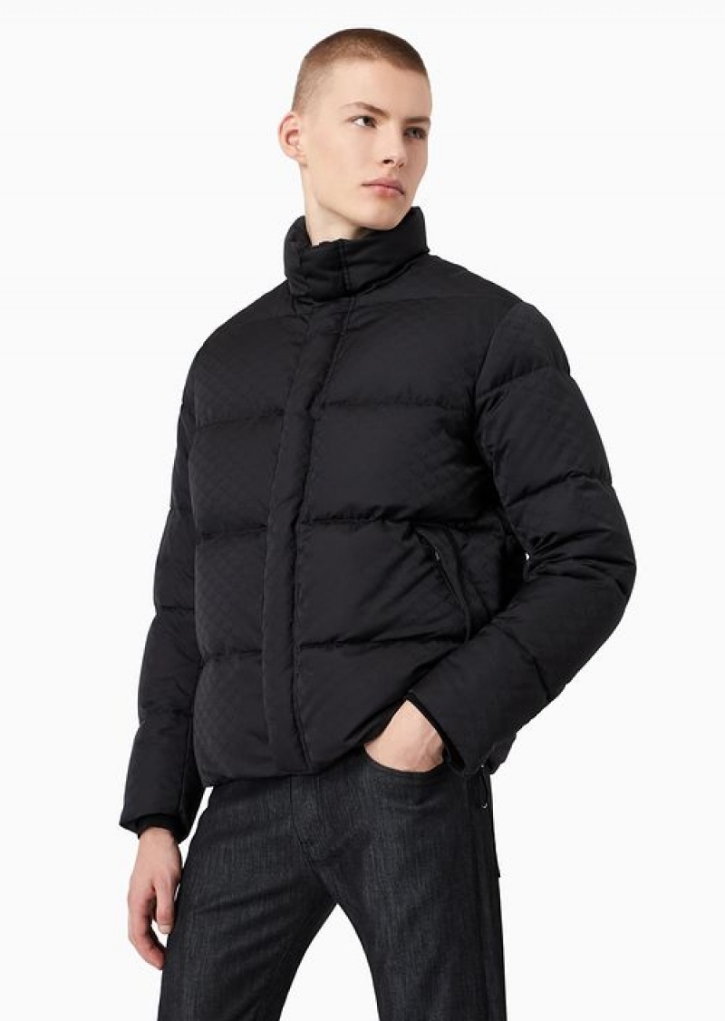 Black Emporio Armani Quilted Puffer Jacket With All-over Jacquard Eagle | EA-SN58246