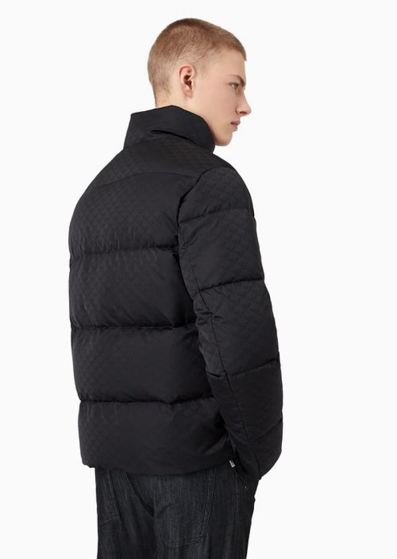 Black Emporio Armani Quilted Puffer Jacket With All-over Jacquard Eagle | EA-SN58246