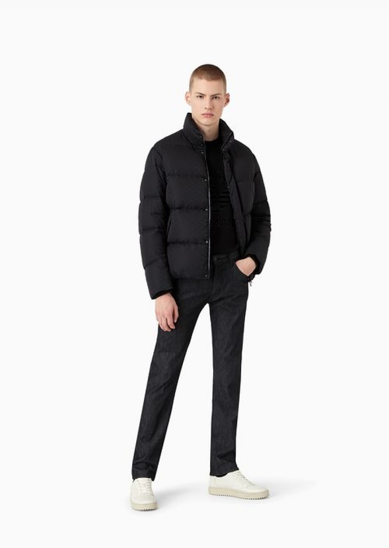 Black Emporio Armani Quilted Puffer Jacket With All-over Jacquard Eagle | EA-SN58246