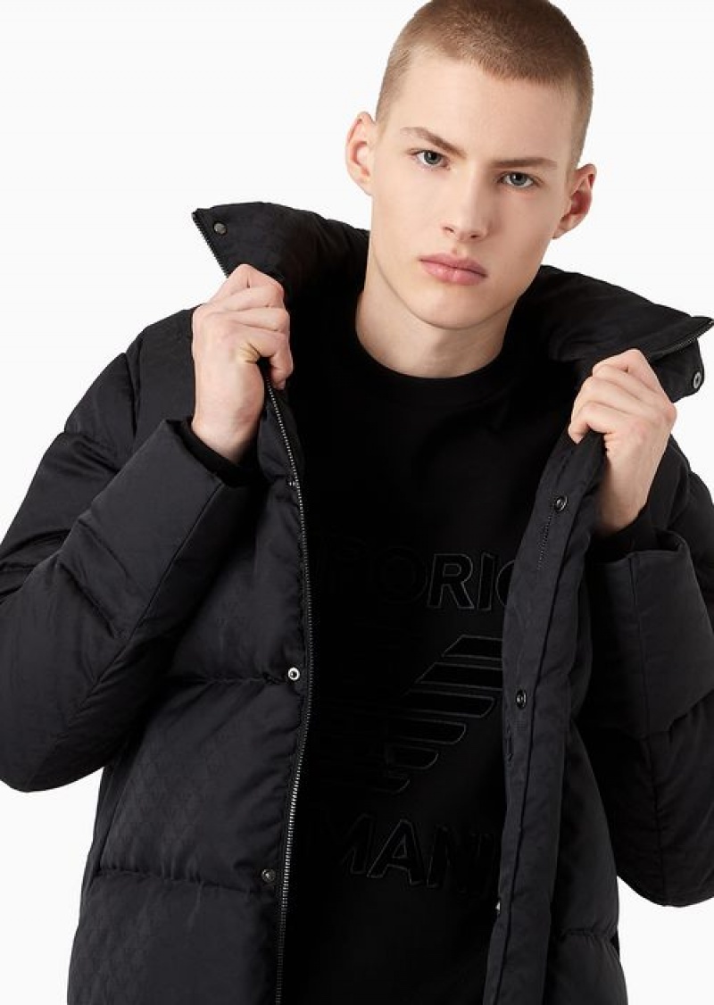 Black Emporio Armani Quilted Puffer Jacket With All-over Jacquard Eagle | EA-SN58246