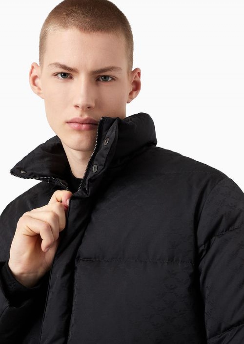 Black Emporio Armani Quilted Puffer Jacket With All-over Jacquard Eagle | EA-SN58246